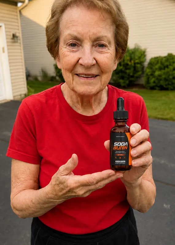 Linda holding a dropper bottle of Soda Burn