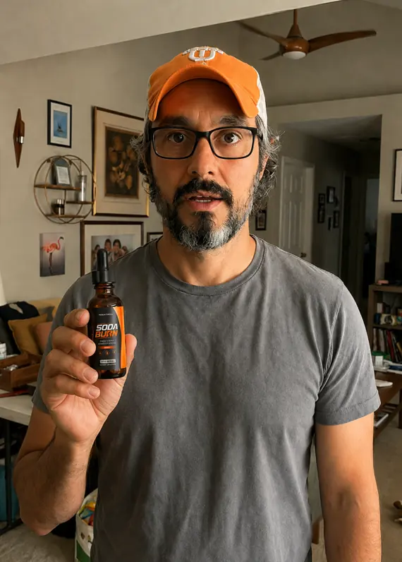 Michael holding a dropper bottle of Soda Burn